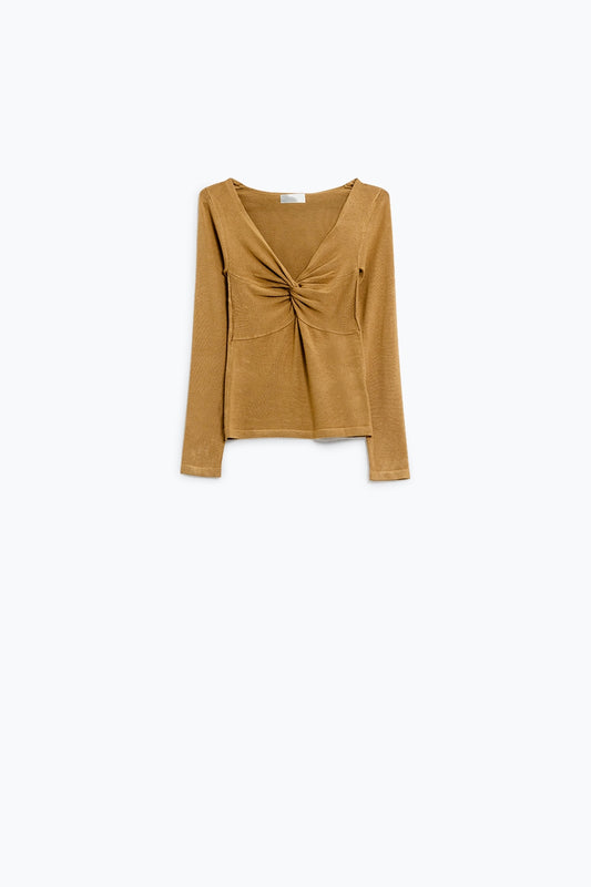 Q2 Beige Long Sleeve Shirt With Knot Detail and V-neck