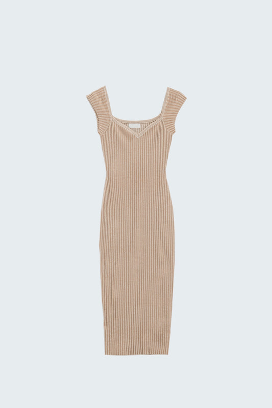 Q2 Beige midi thick rib bodycon dress with cap sleeves