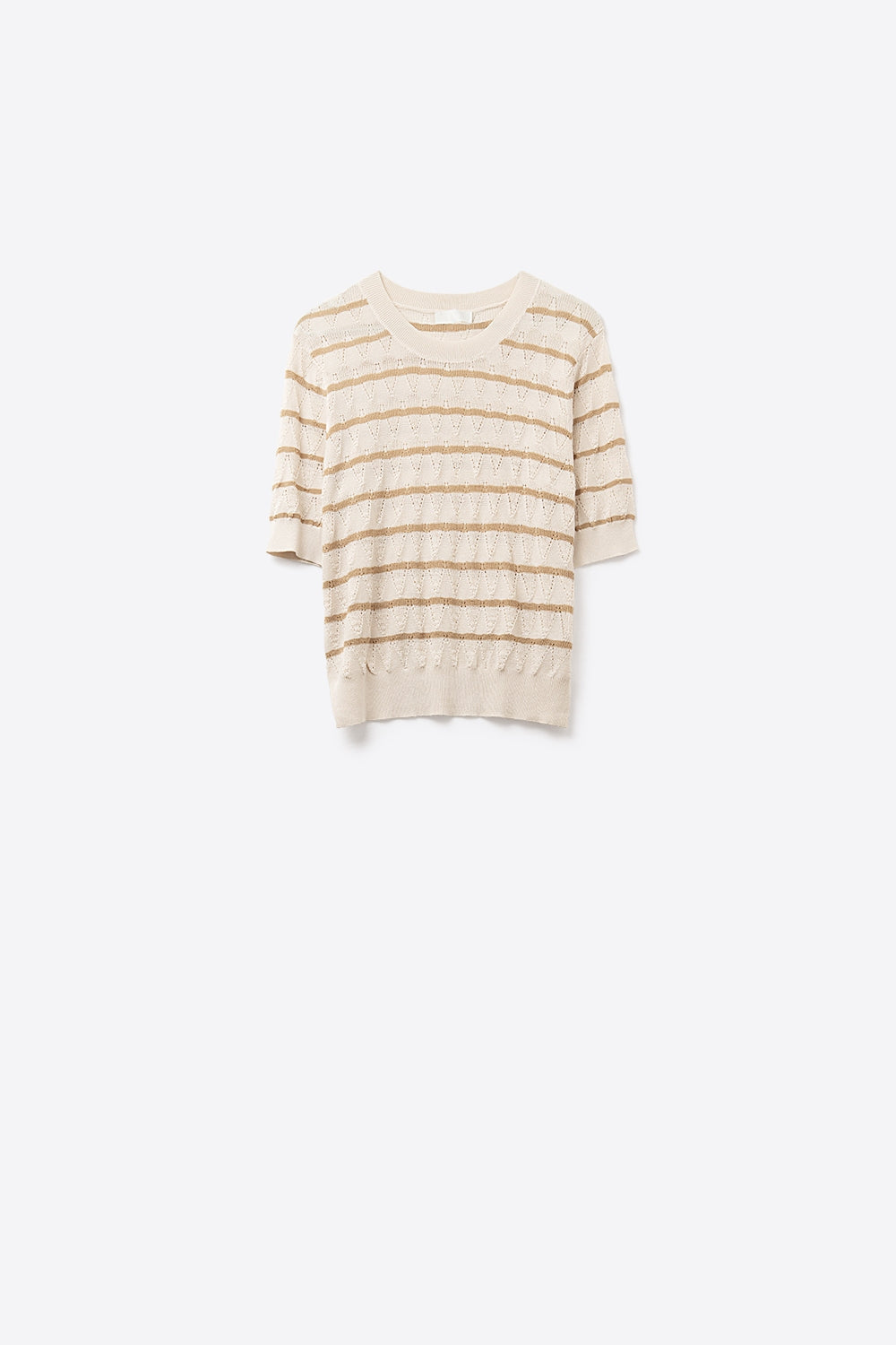 Q2 Beige Openwork Knit Top with Short Sleeves and Gold Stripes