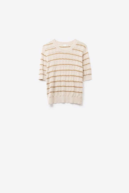 Q2 Beige Openwork Knit Top with Short Sleeves and Gold Stripes