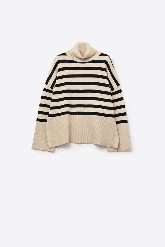 Q2 Beige oversized turtleneck sweater with black stripes and splits on the side
