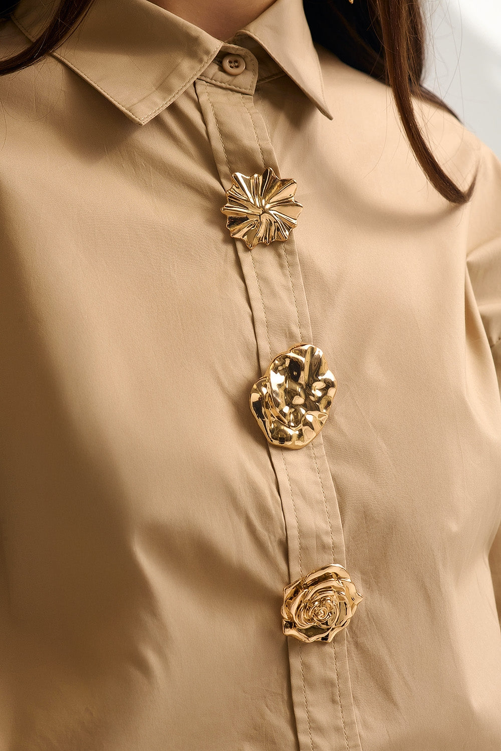 Beige relaxed poplin Cotton Shirt with Decorative Gold Buttons
