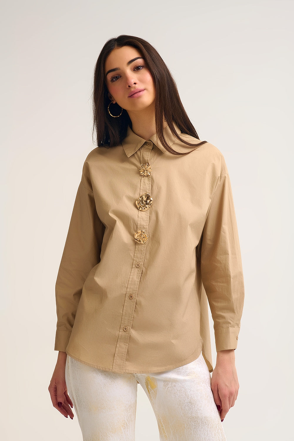 Beige relaxed poplin Cotton Shirt with Decorative Gold Buttons