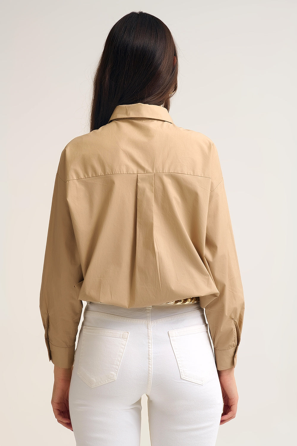 Beige relaxed poplin Cotton Shirt with Decorative Gold Buttons