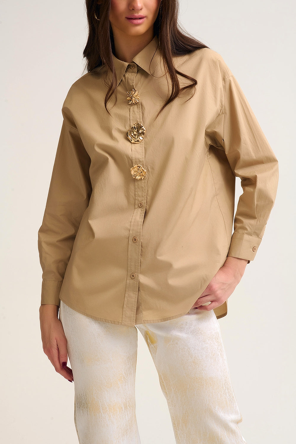 Beige relaxed poplin Cotton Shirt with Decorative Gold Buttons