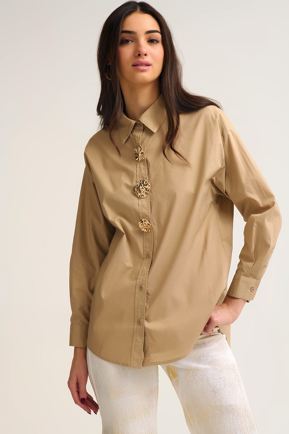 Q2 Beige relaxed poplin Cotton Shirt with Decorative Gold Buttons