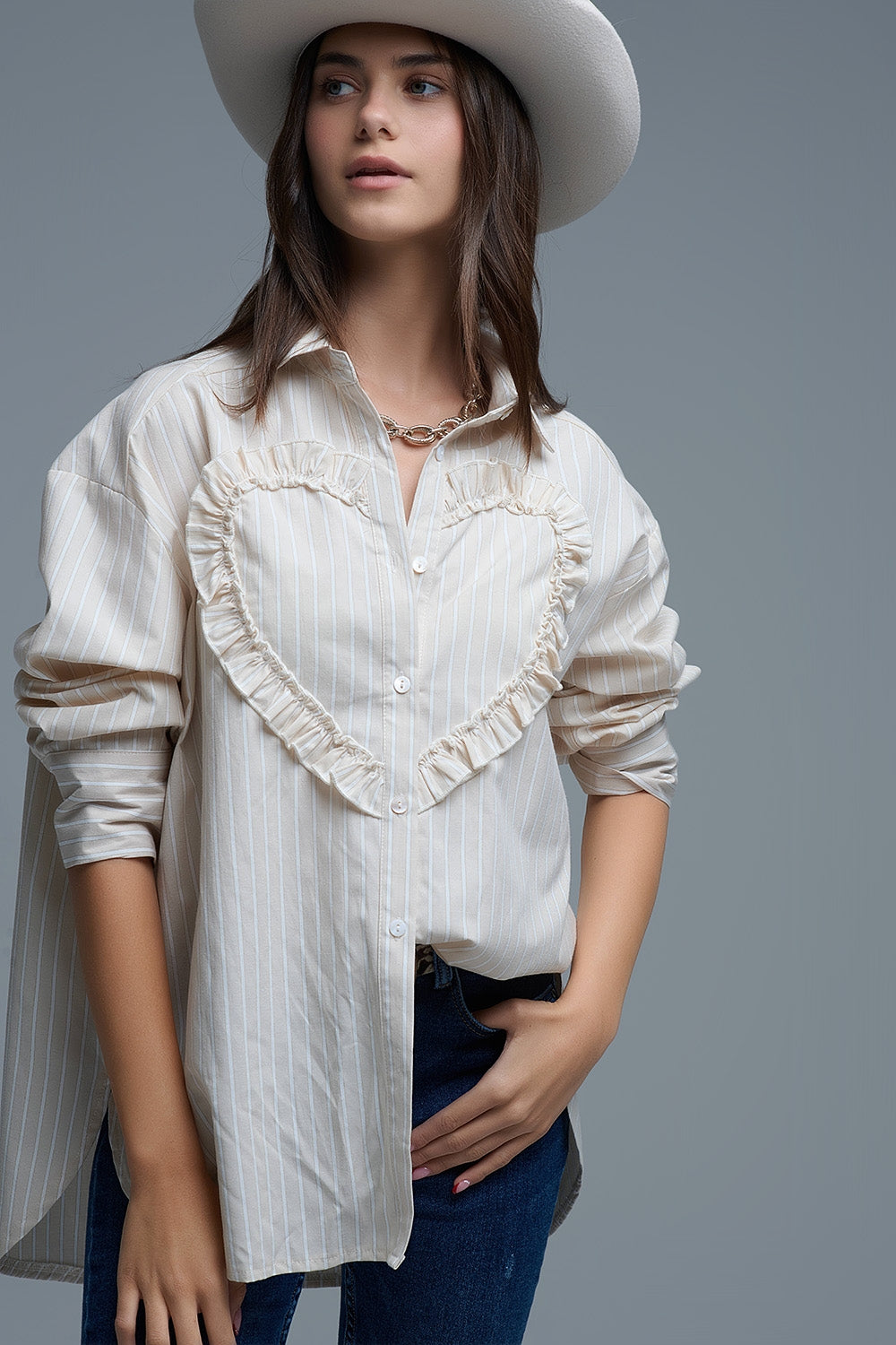 Q2 Beige Relaxed Striped Shirt With Heart Seam Detail