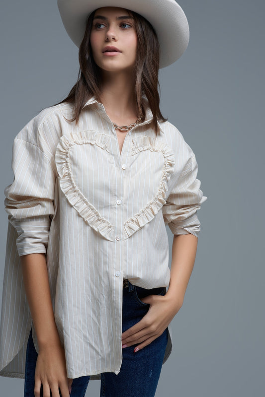 Q2 Beige Relaxed Striped Shirt With Heart Seam Detail