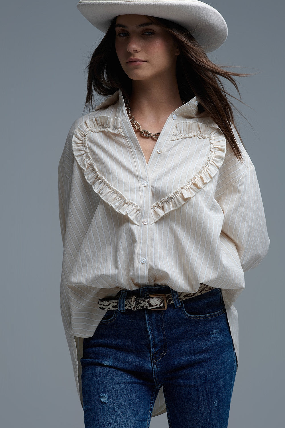 Beige Relaxed Striped Shirt With Heart Seam Detail