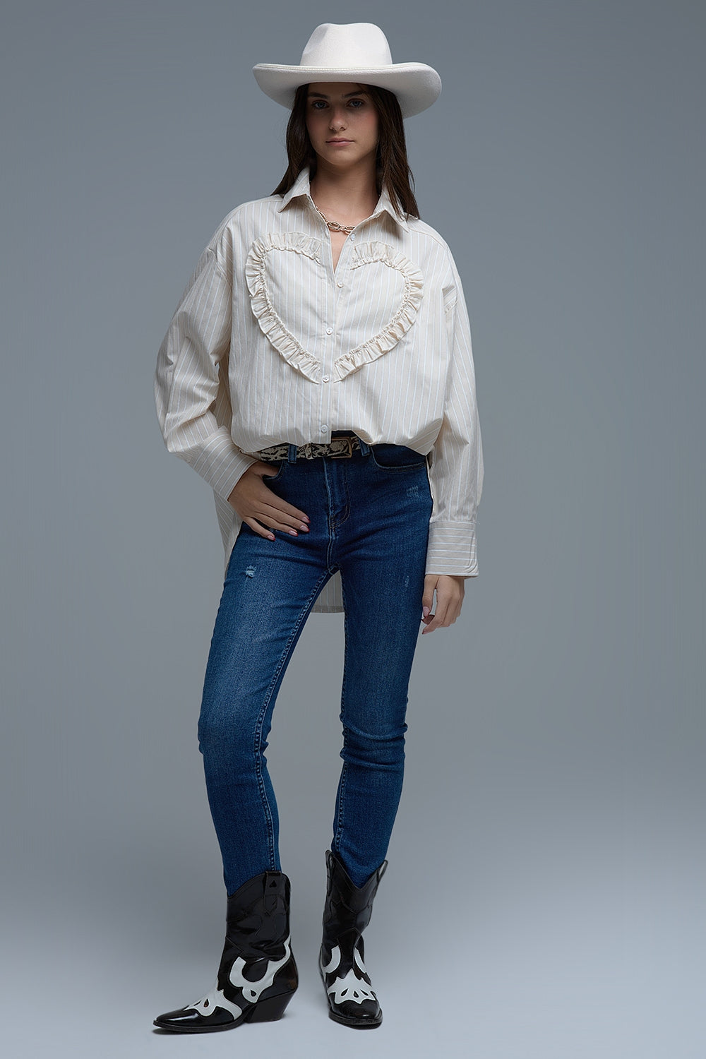 Beige Relaxed Striped Shirt With Heart Seam Detail