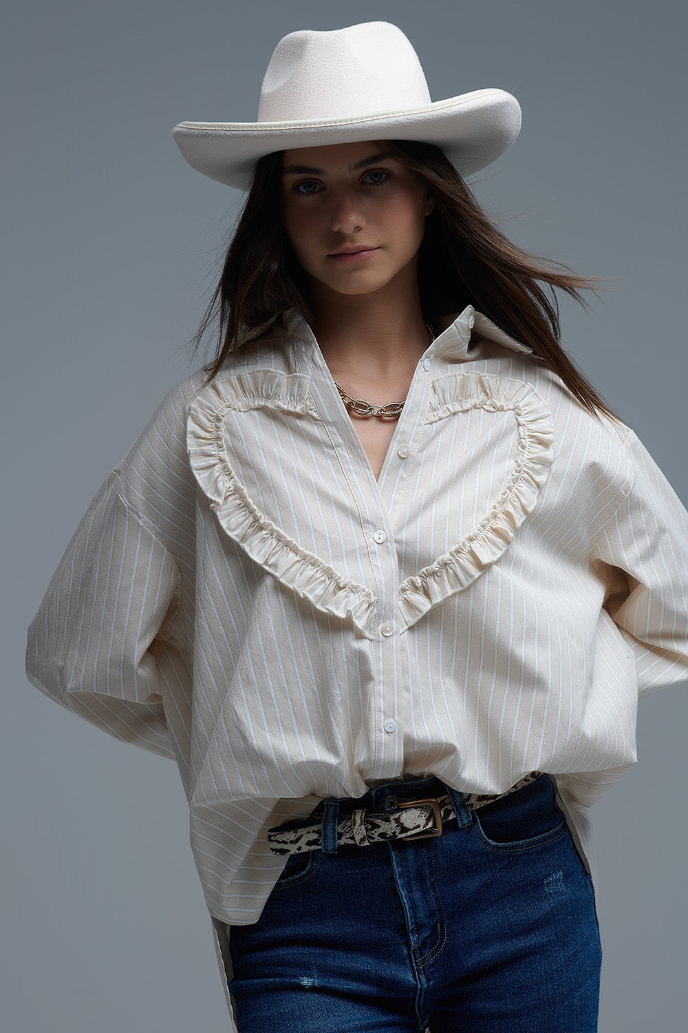 Beige Relaxed Striped Shirt With Heart Seam Detail