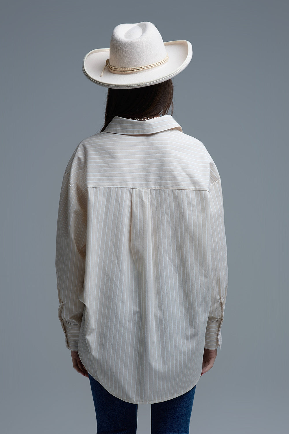 Beige Relaxed Striped Shirt With Heart Seam Detail