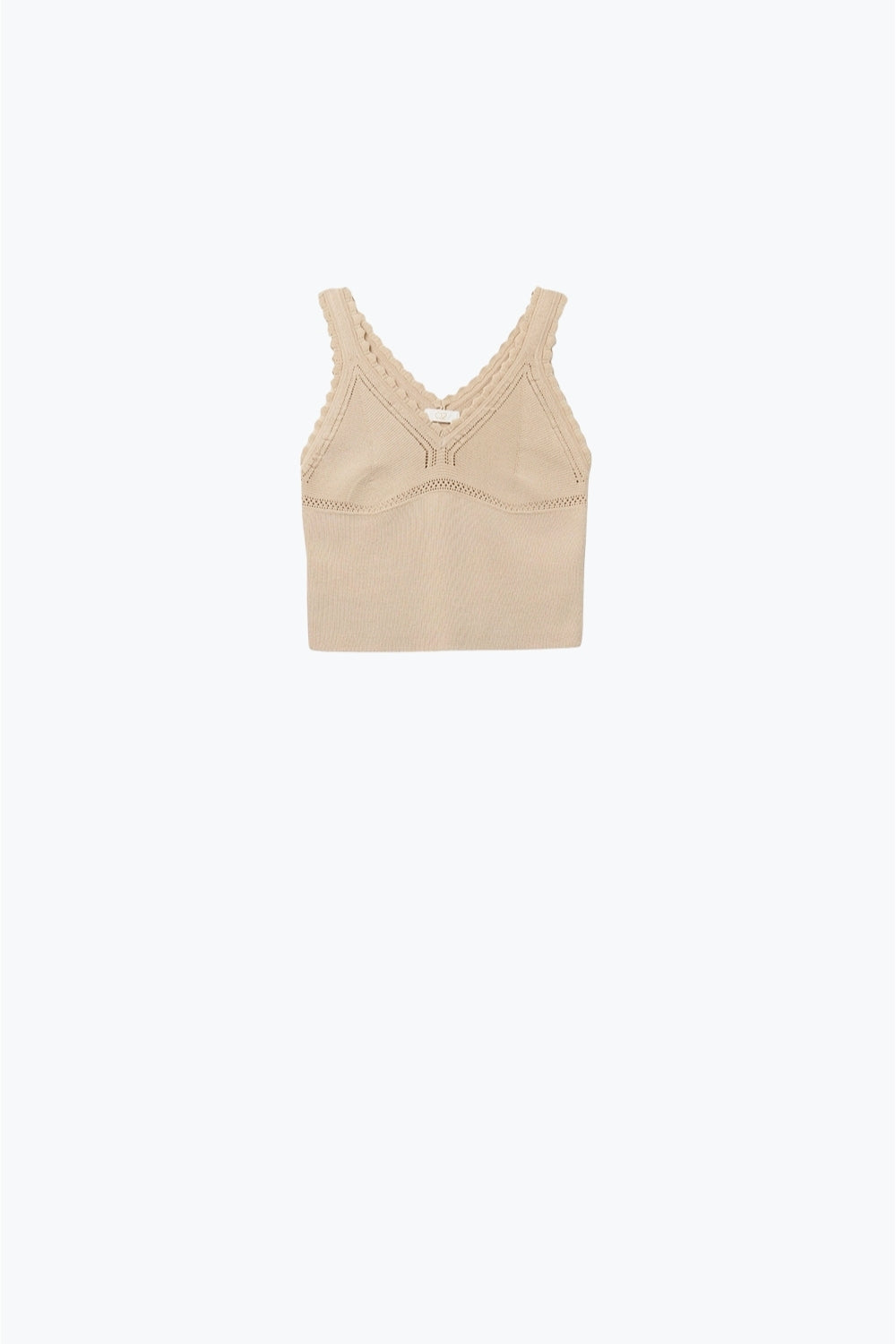 Q2 Beige Ribbed Knit Top with Scalloped V-Neck