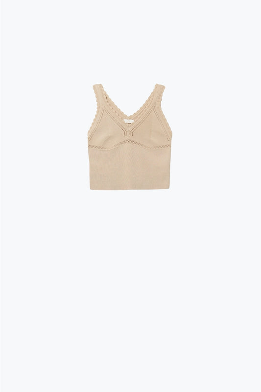 Q2 Beige Ribbed Knit Top with Scalloped V-Neck