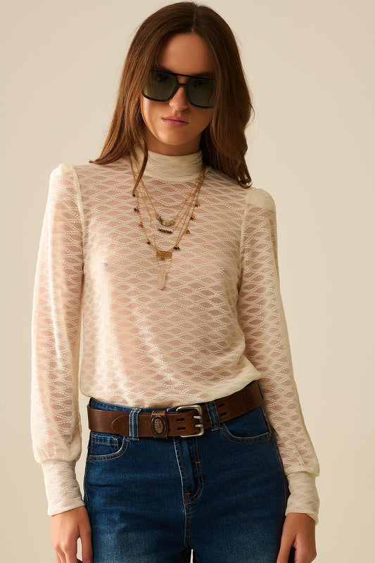 Q2 Beige Sheer Lace Turtleneck Top with Puff Shoulders