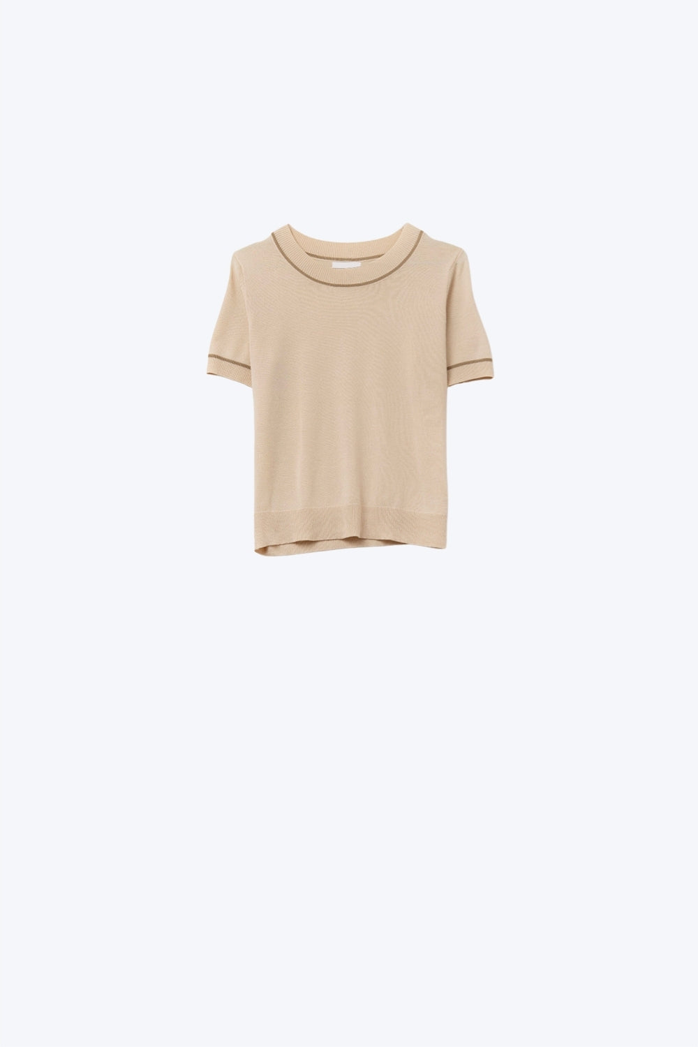 Q2 Beige Short Sleeve Knit Top with Camel Contrast Trims
