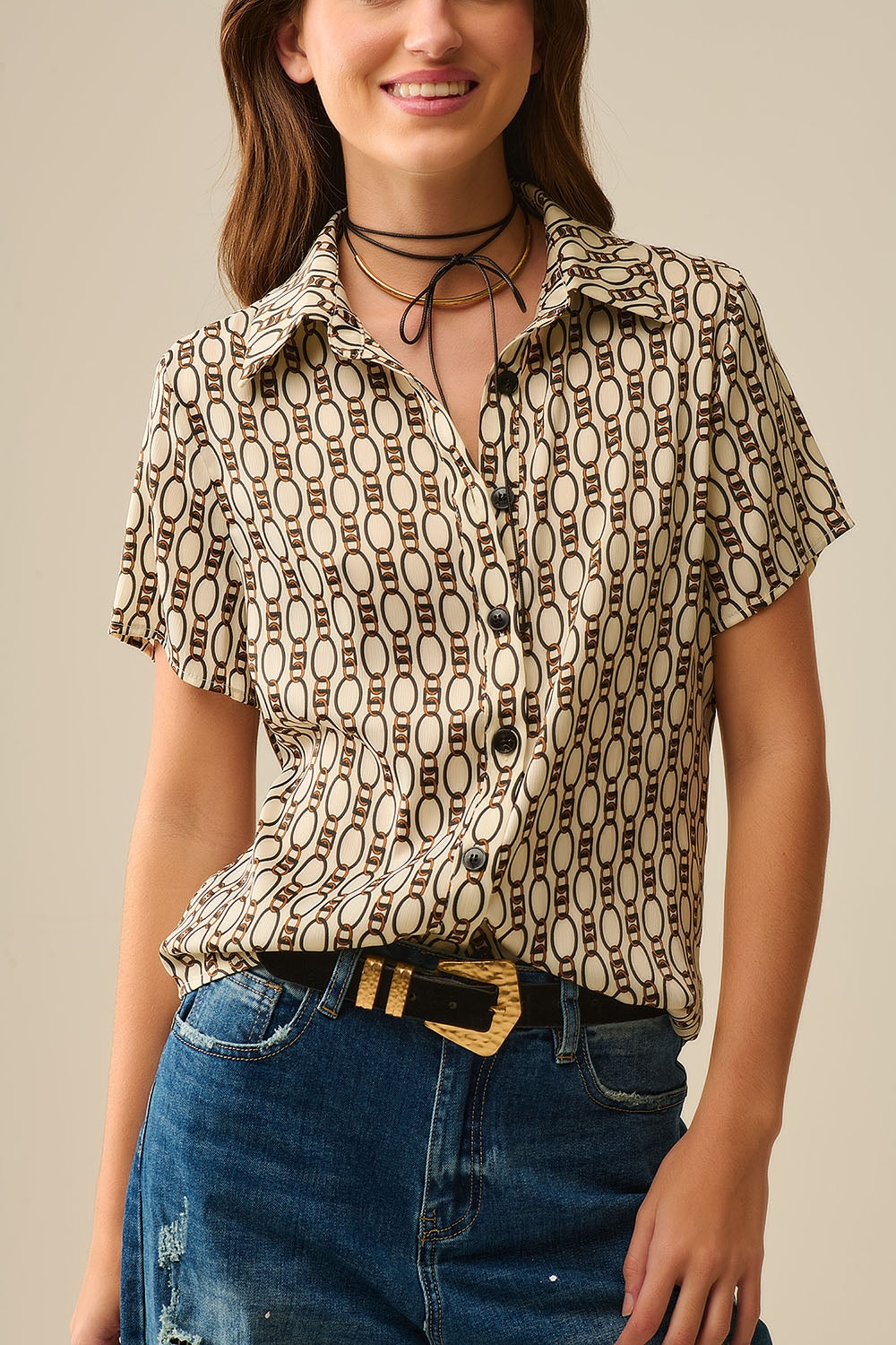 Beige Short-sleeved Chain Print Polo Shirt