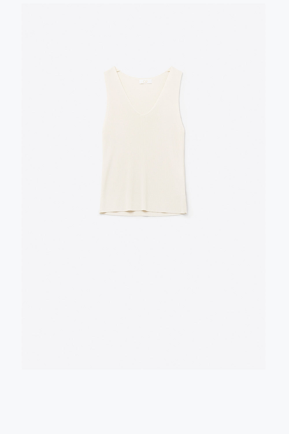 Beige mouwloze fijn gebreide top met V-hals