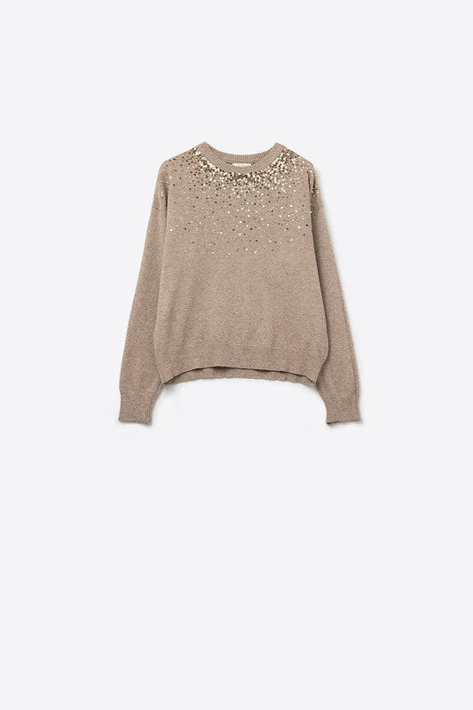 Q2 Beige soft knit sweater embellished with sequins on the front
