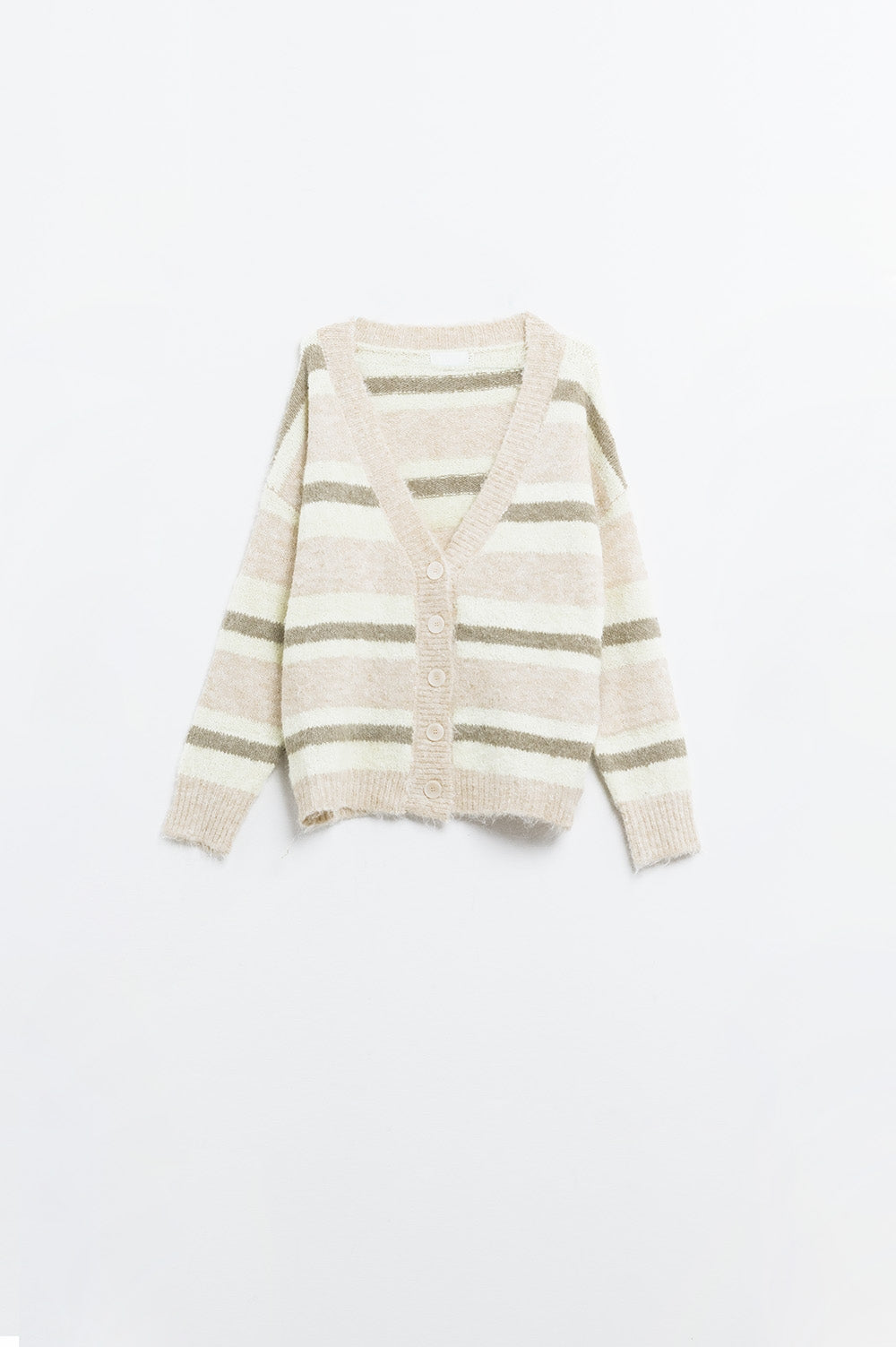 beige gestreepte pluizige cardigan