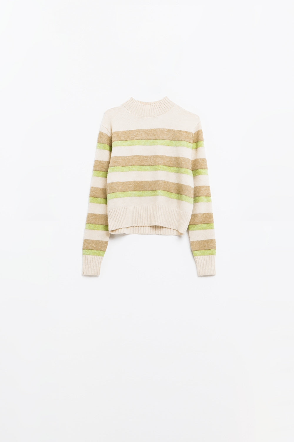 beige trui met groene en camelkleurige strepen