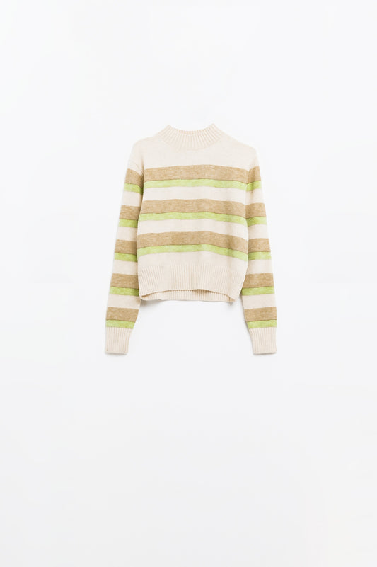 beige trui met groene en camelkleurige strepen