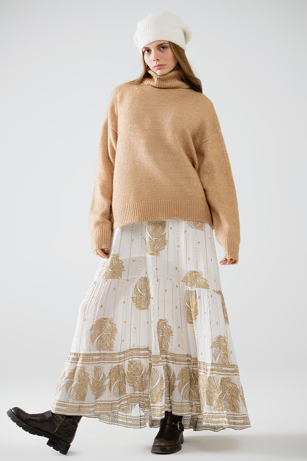 Beige turtleneck jumper with dropped sleeves
