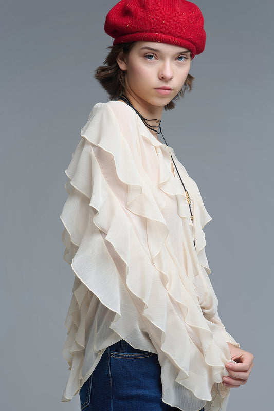 Q2 Beige V-Neck All Over Ruffle Blouse