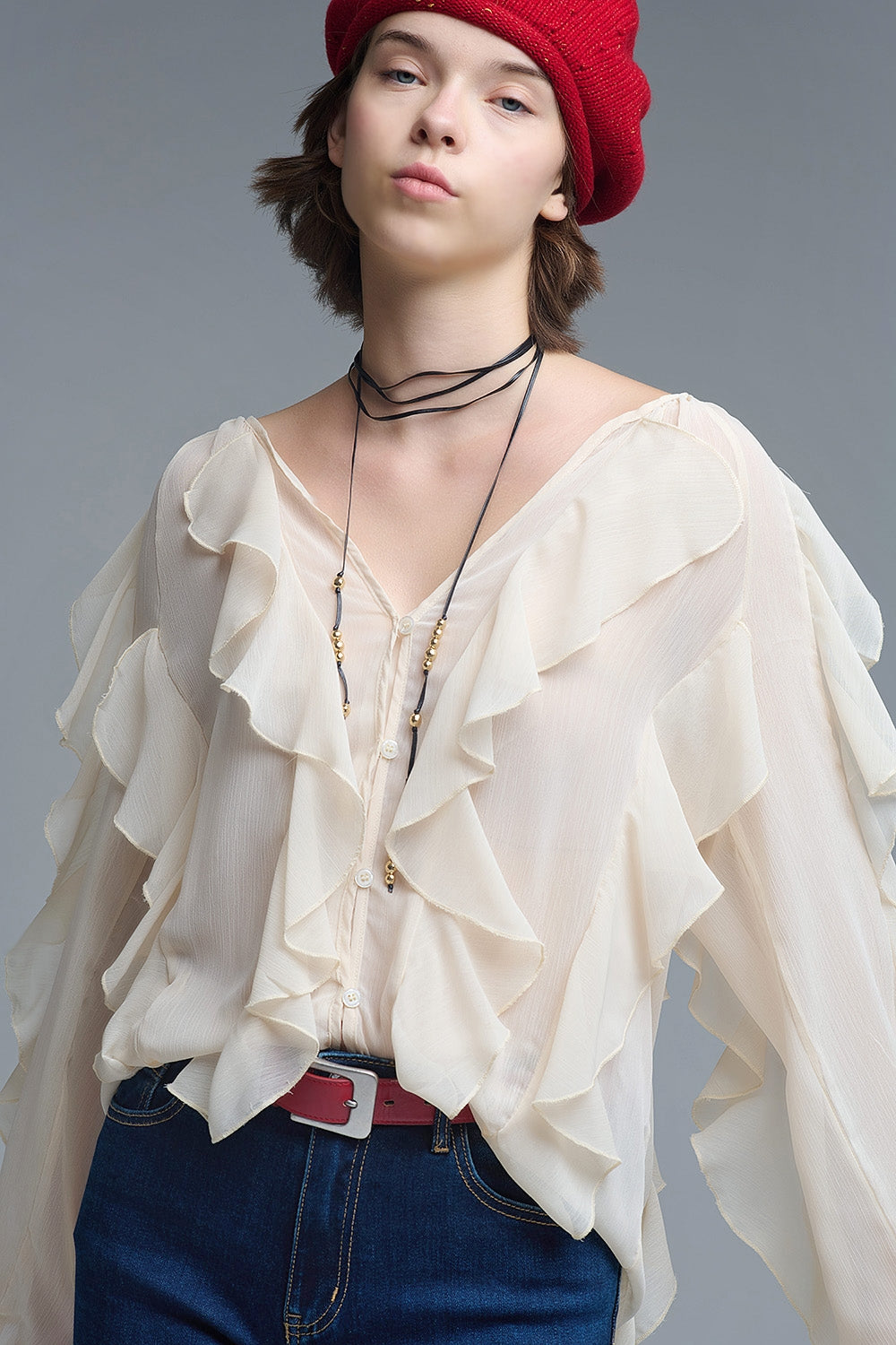 Beige V-Neck All Over Ruffle Blouse