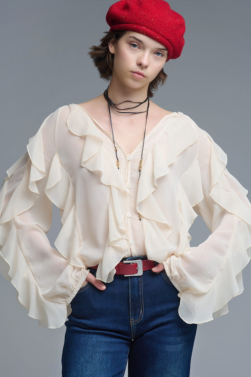 Beige V-Neck All Over Ruffle Blouse