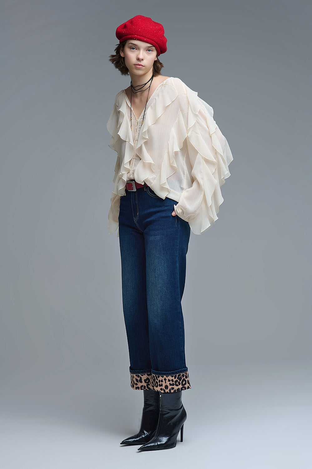 Beige V-Neck All Over Ruffle Blouse