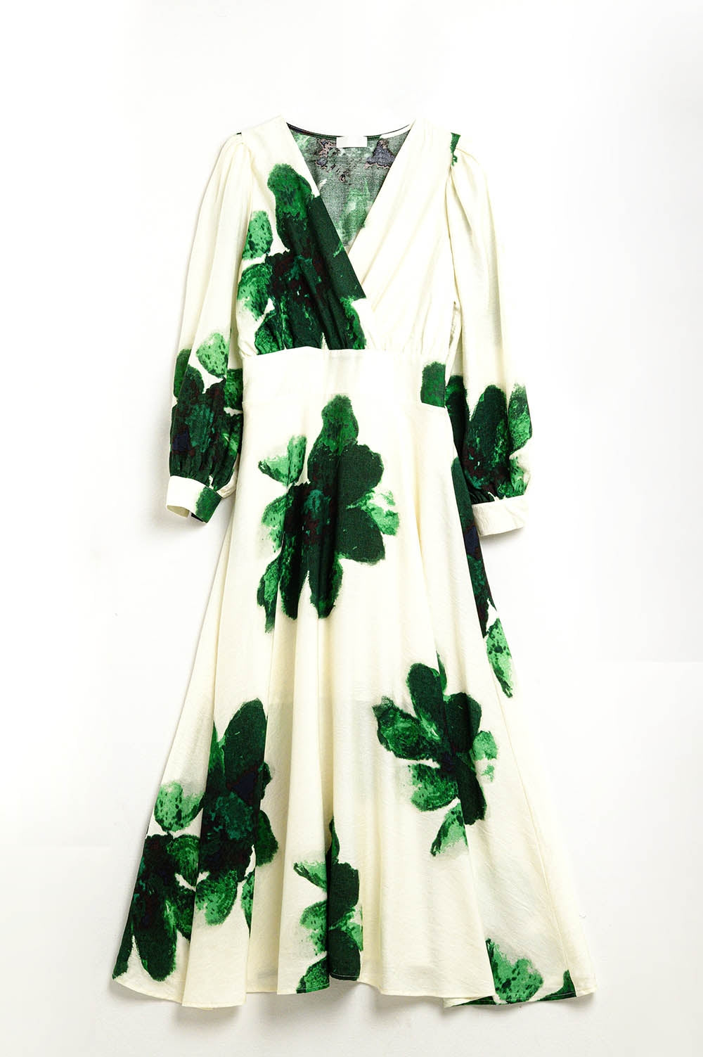 Q2 Beige wrap maxi dress with green tropical floral print and long sleeves