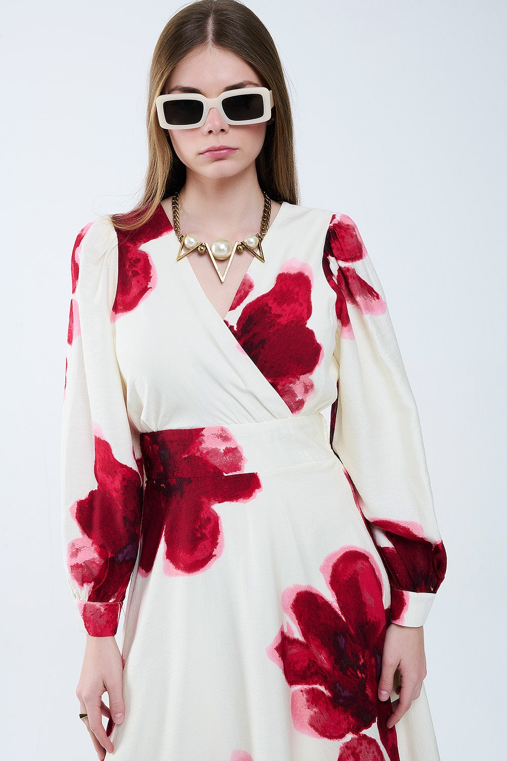 Beige wrap midi dress with red tropical floral print and long sleeves