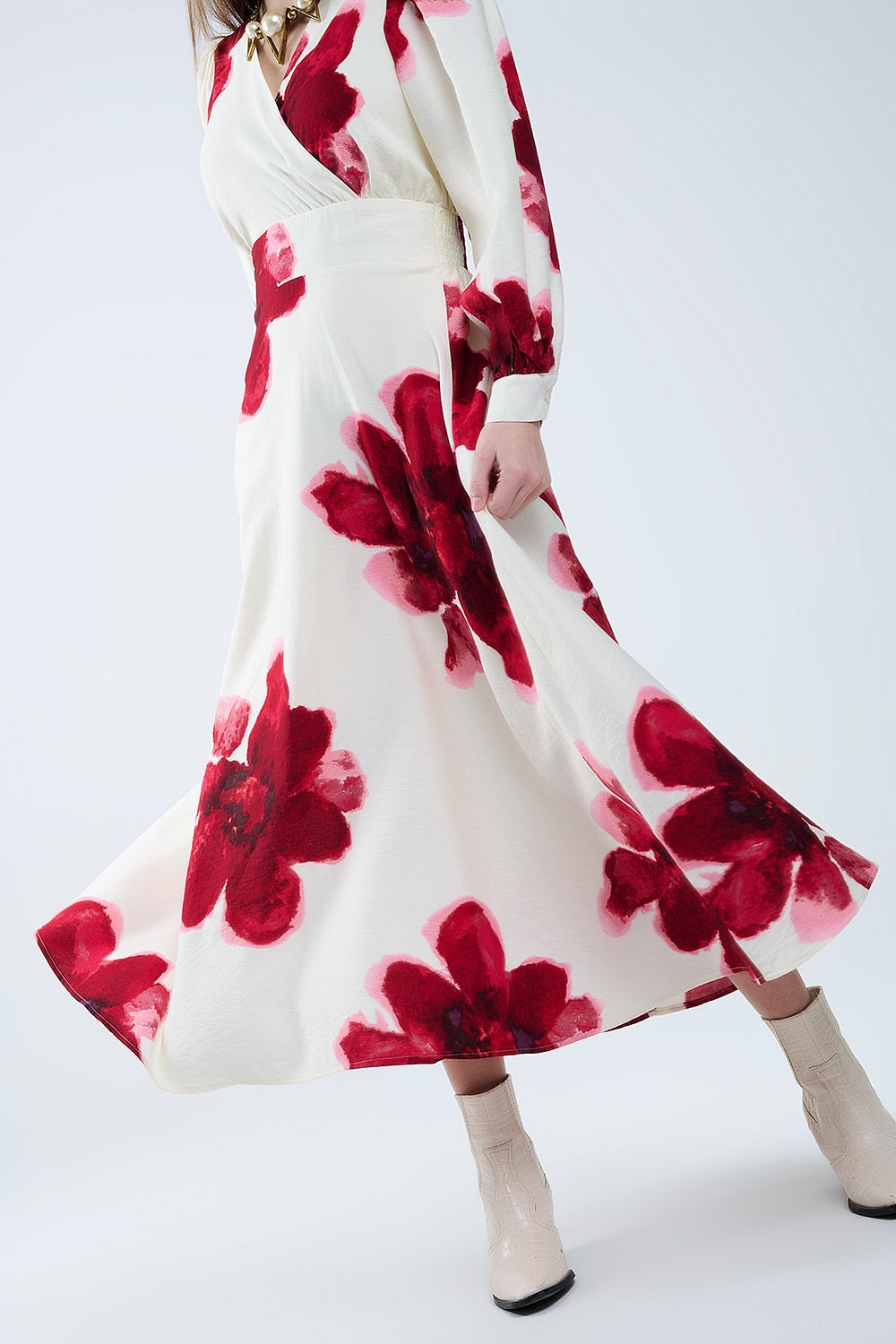 Beige wrap midi dress with red tropical floral print and long sleeves
