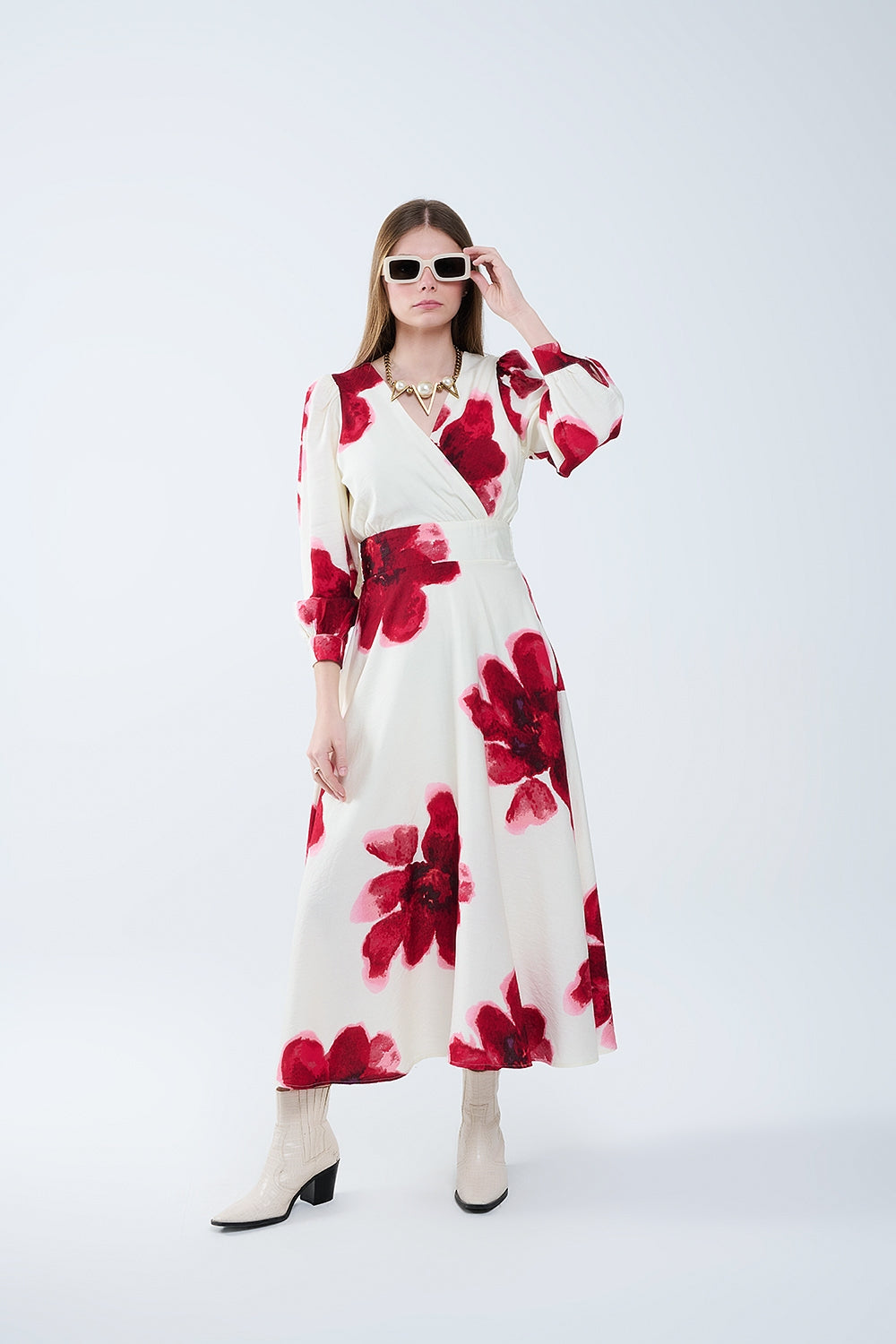 Beige wrap midi dress with red tropical floral print and long sleeves