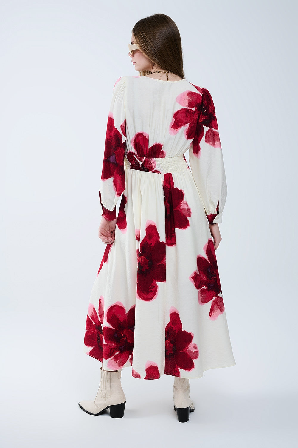 Beige wrap midi dress with red tropical floral print and long sleeves