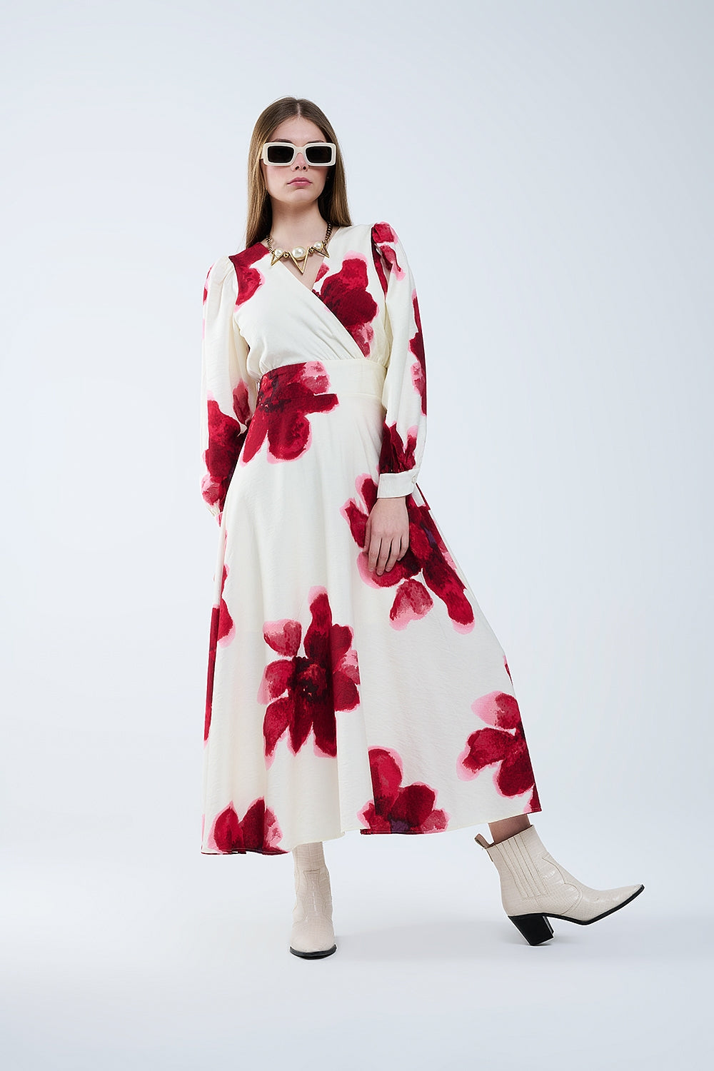 Q2 Beige wrap midi dress with red tropical floral print and long sleeves