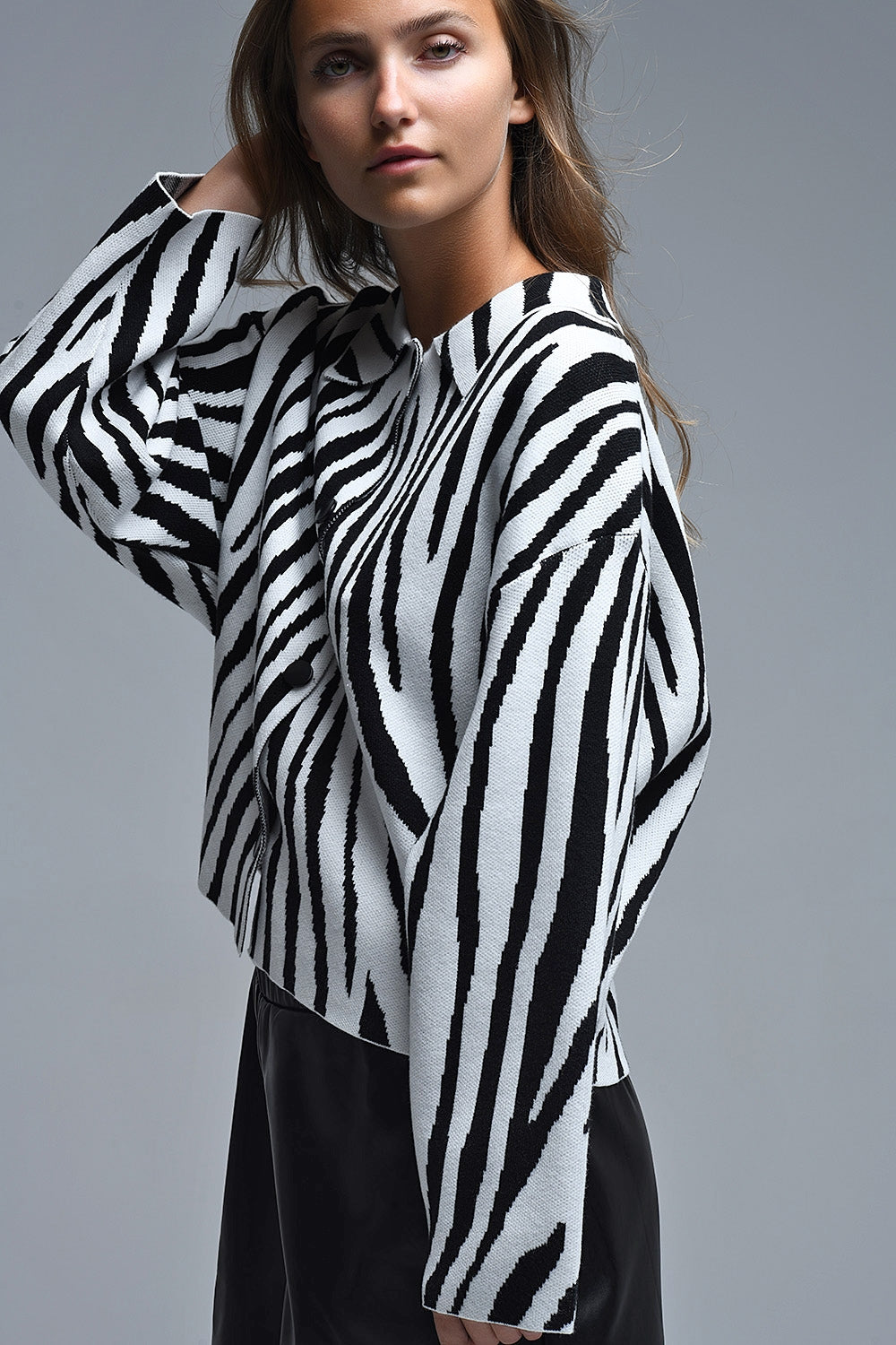 Black and White Zebra Print Polo Collar Cardigan