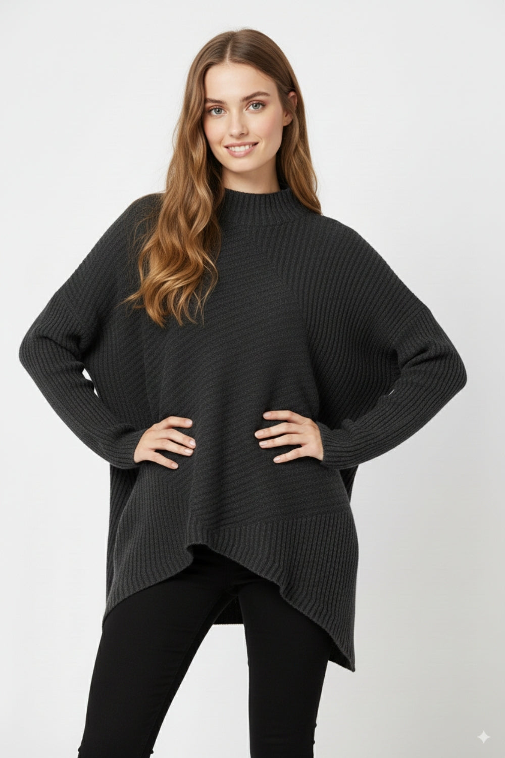 Black Asymmetric Ribbed Knit Sweater Tunic