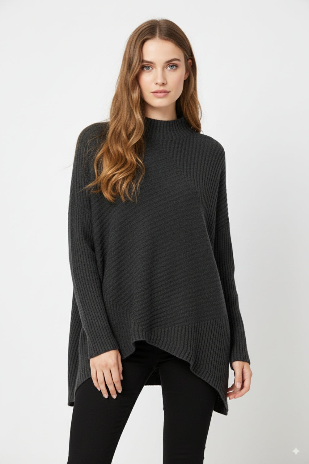 Black Asymmetric Ribbed Knit Sweater Tunic