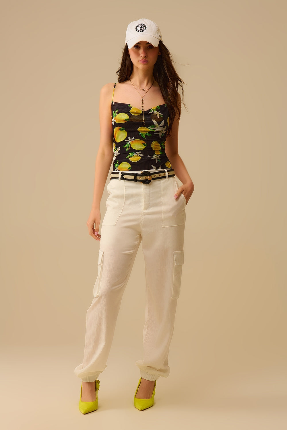 Black body top with lemon print in mesh fabric