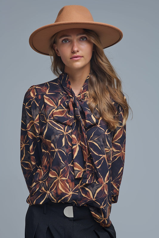 Q2 Black chiffon shirt with abstract print and knotted bow