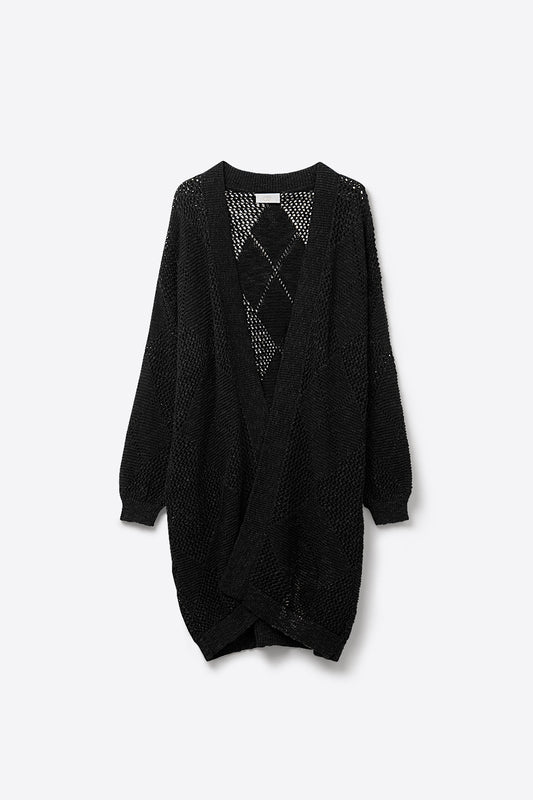 Q2 Black Draped Cardigan With Crochet Design