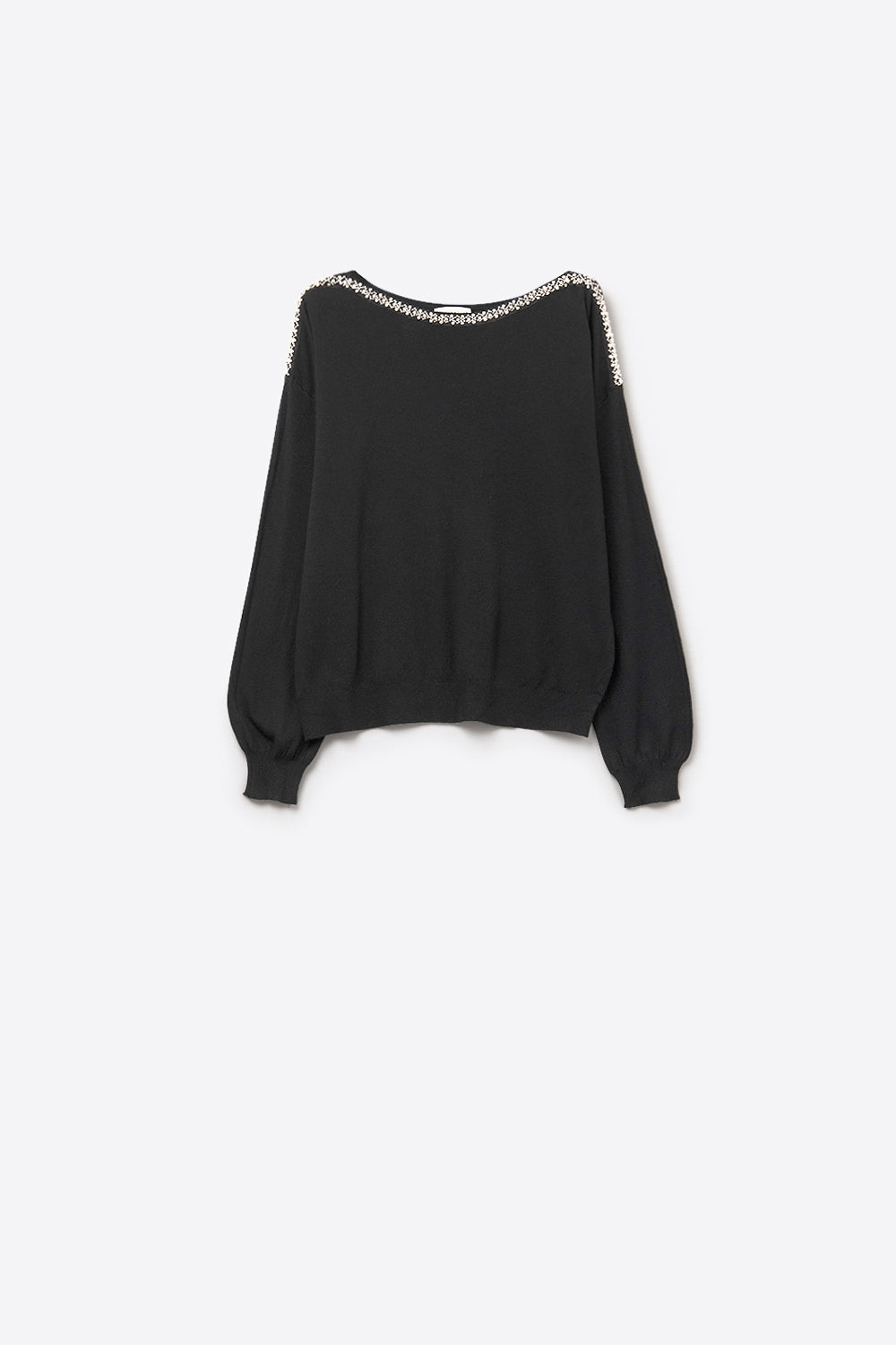 Q2 black fine knit sweater with a boat neck and rhinestone detail