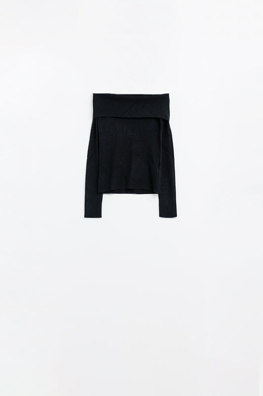 Q2 black fine knit sweater with wide boat neck