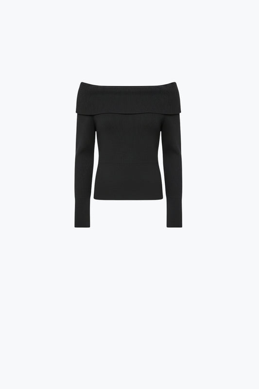 Q2 black fine ribbed knit sweater with wide boat neck