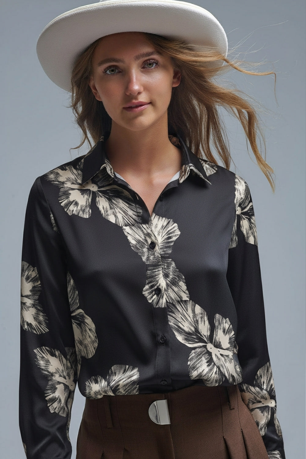 Black Floral Button-Up Blouse in Satin fabric