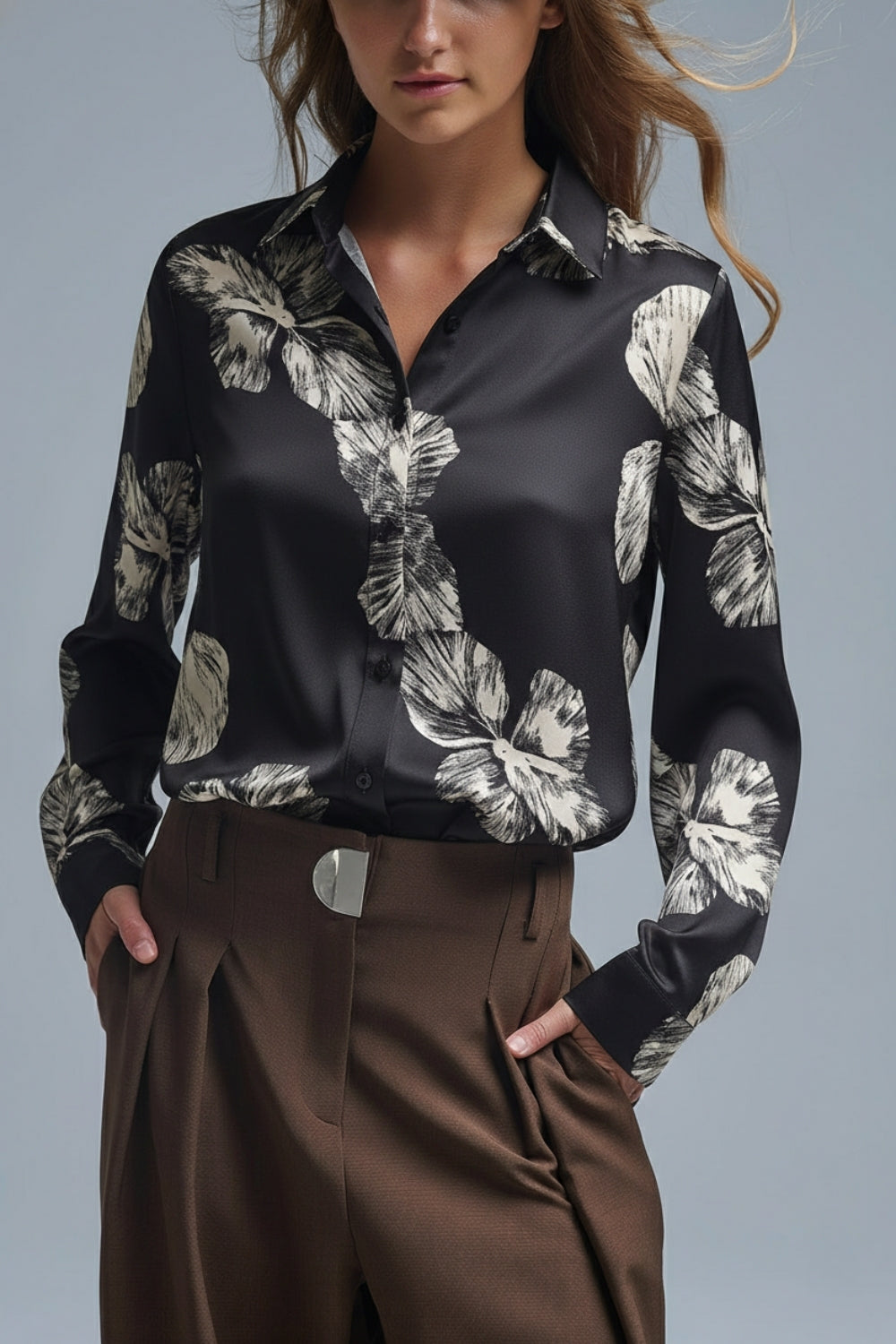Q2 Black Floral Button-Up Blouse in Satin fabric