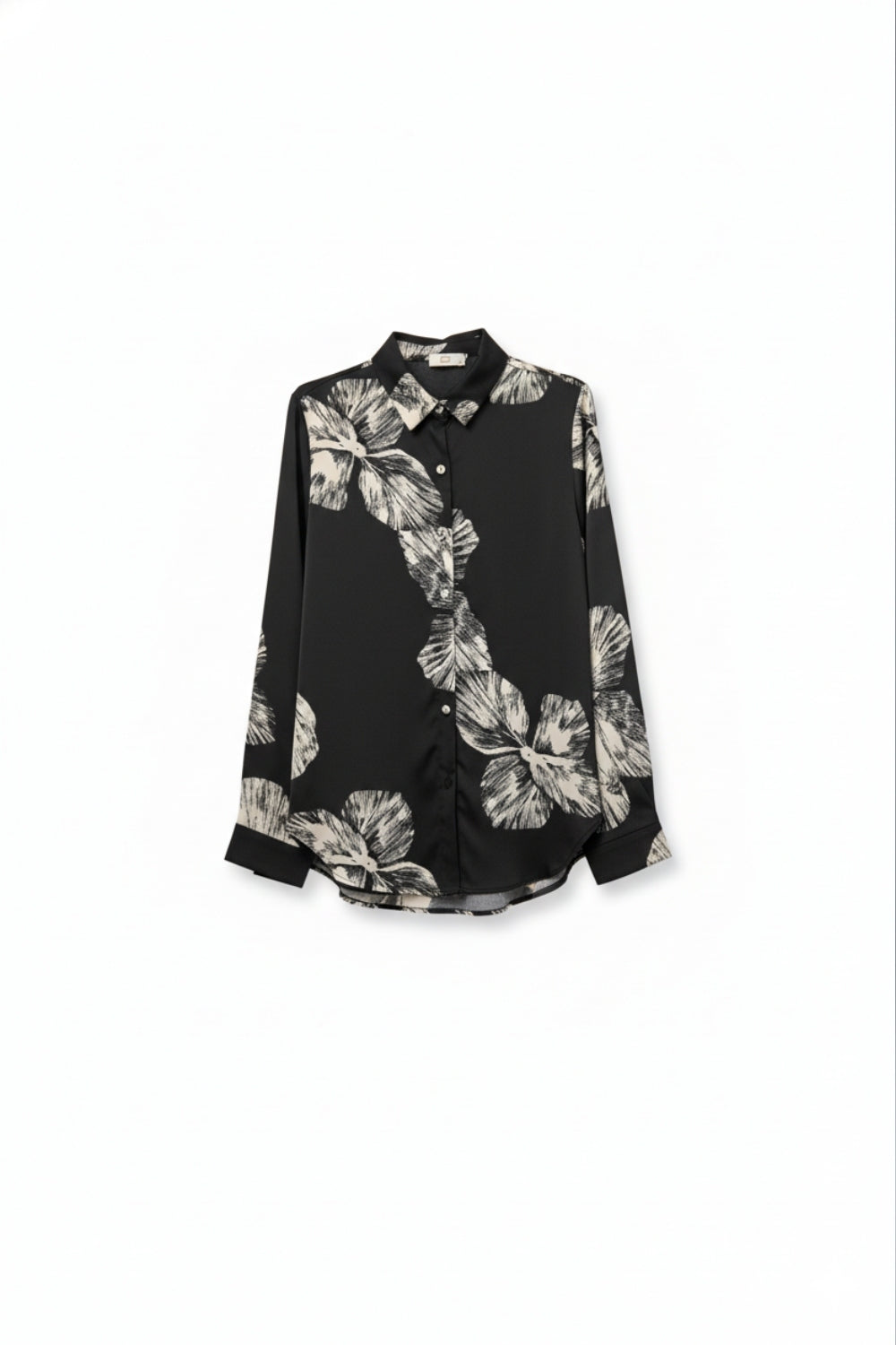 Black Floral Button-Up Blouse in Satin fabric
