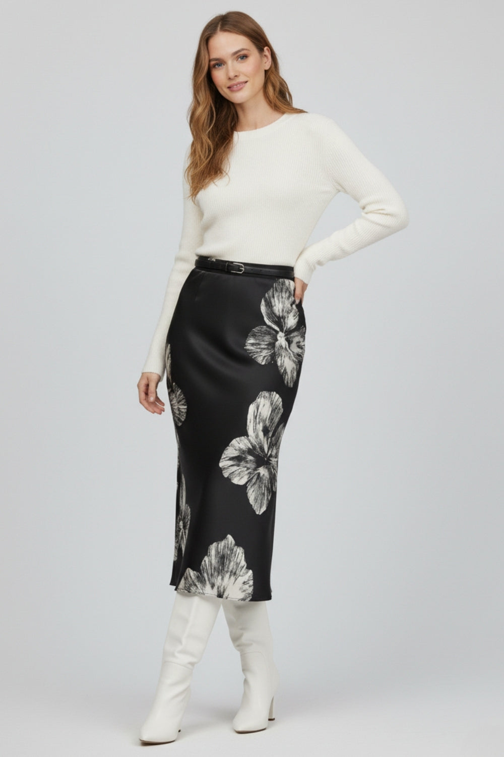 Black Floral Satin Midi Skirt in satin